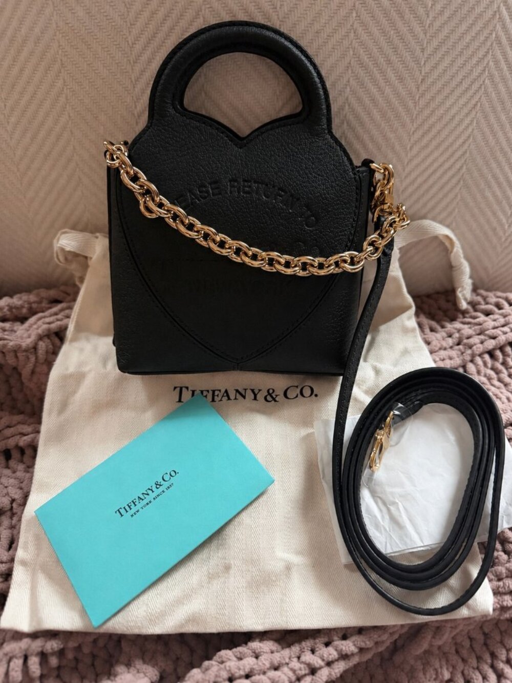 Tiffany Black Micro Heart Bag Gold Chain Strap Dustbag NWT
